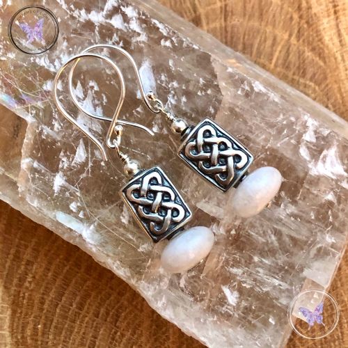 Silver Celtic White Agate Earrings